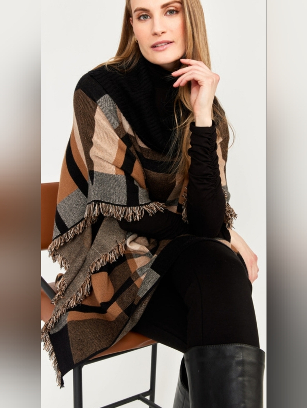 Alison Sheri Black And Tan Plaid Poncho